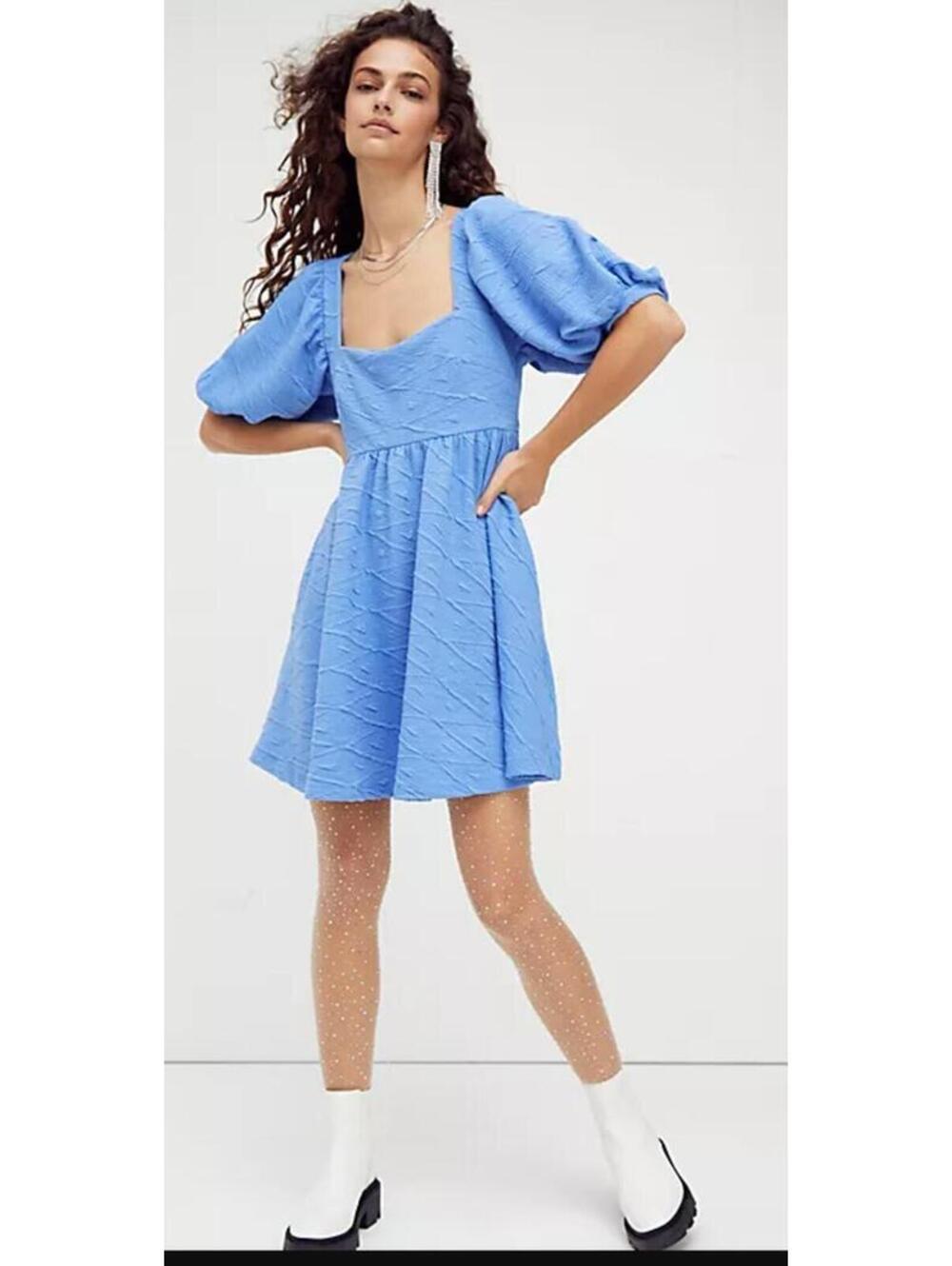 Free People Blue Mini Dress M Puff Sleeve Textured Open Back Tie